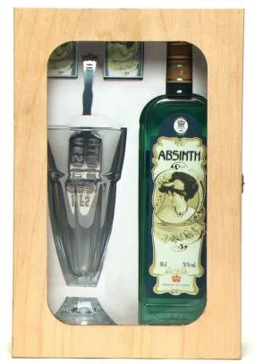 Fruko Shulz Absinth sada 0,5l 70% + 1x sklo Dřevěný box